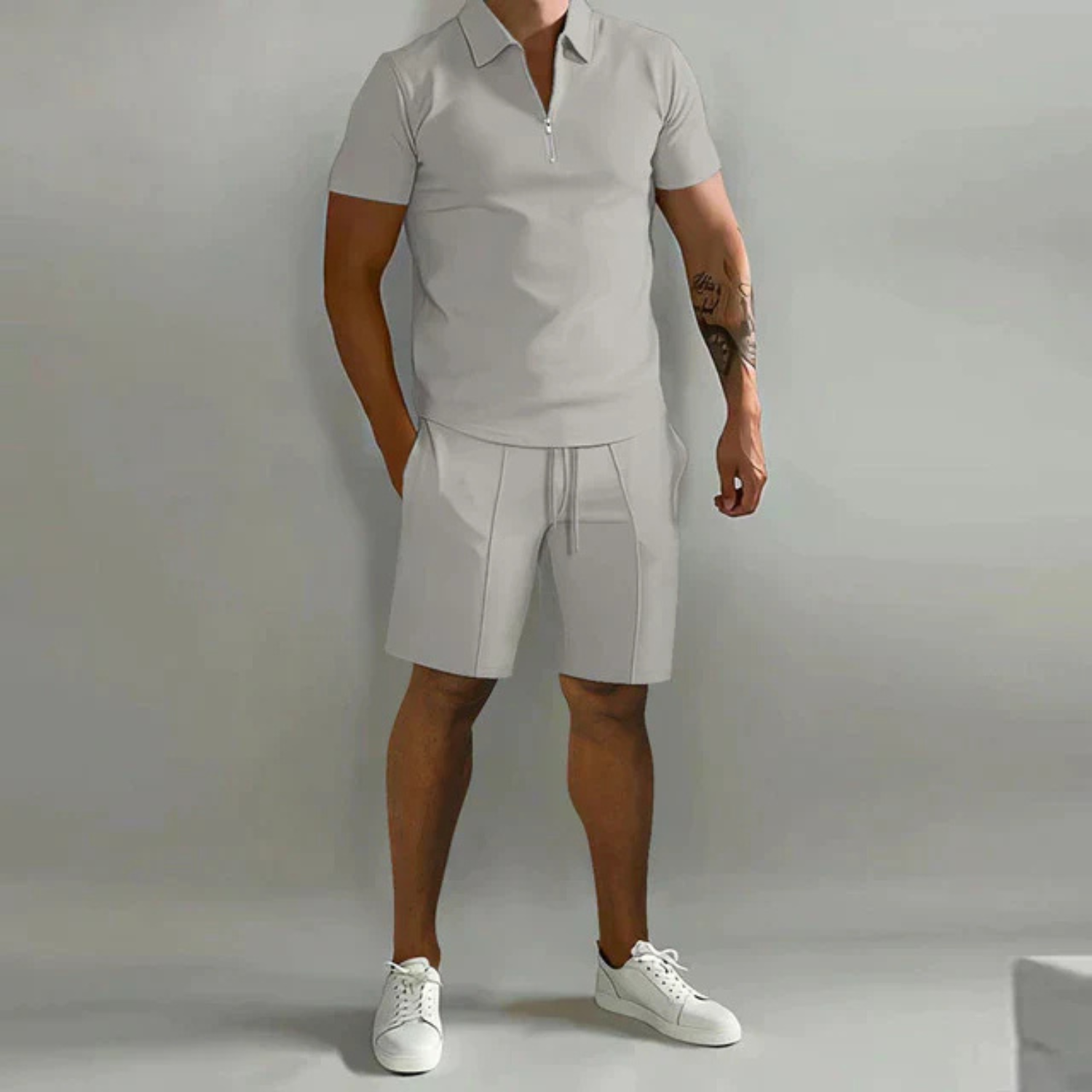 Men's Short Sleeve Polo Shirt and Shorts Set with Zip Collar and Relaxed Fit 2