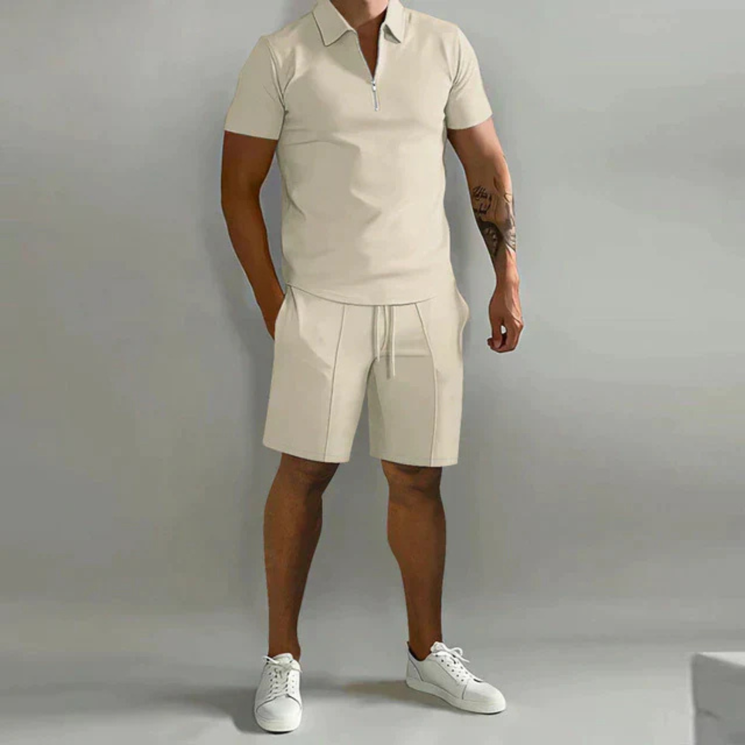 Men's Short Sleeve Polo Shirt and Shorts Set with Zip Collar and Relaxed Fit 3