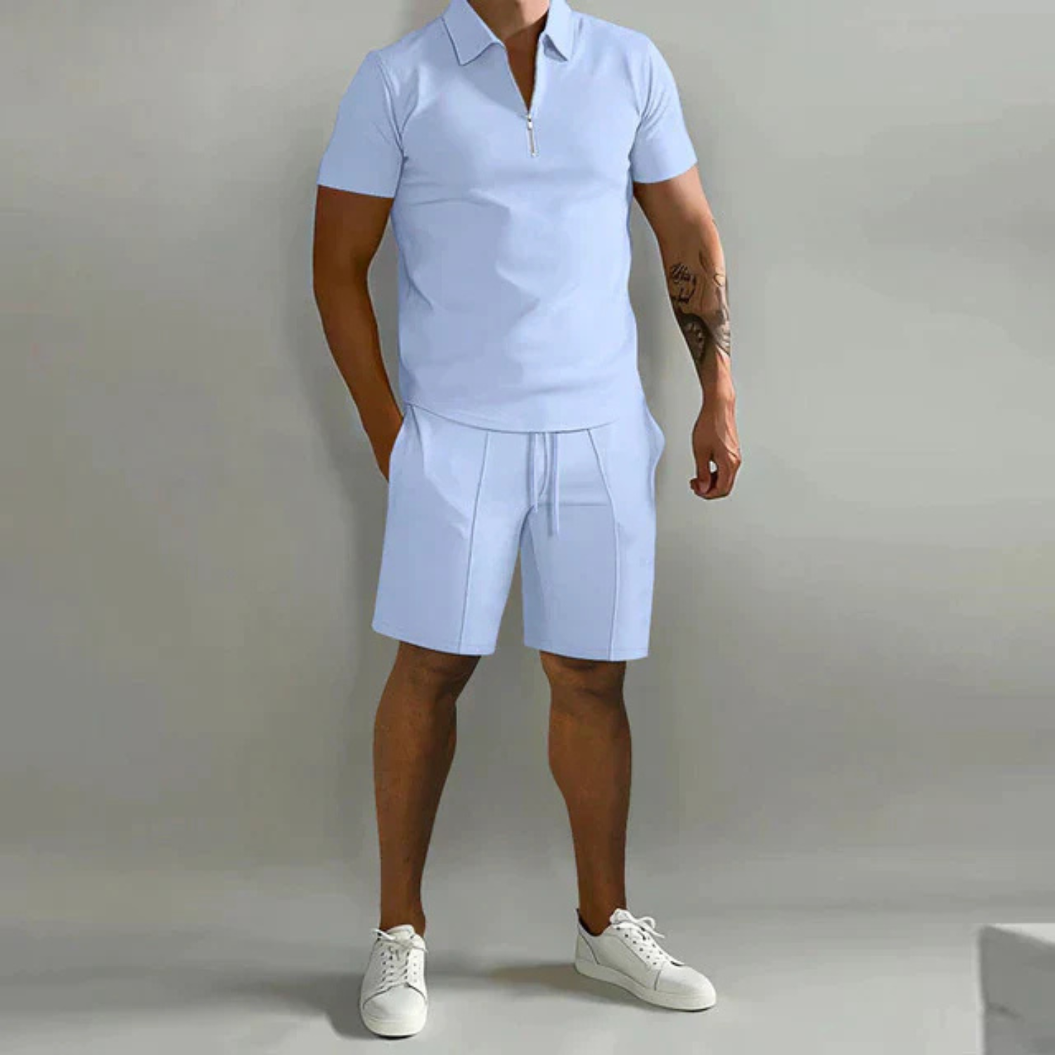 Men's Short Sleeve Polo Shirt and Shorts Set with Zip Collar and Relaxed Fit 4