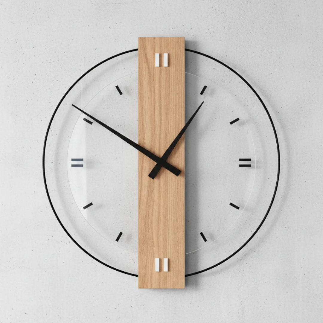 Minimalist Oak Wood & Acrylic Wall Clock - Silent Quartz Non-Ticking Modern Clock