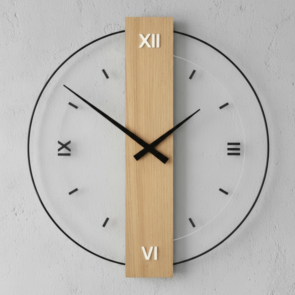Minimalist Oak Wood & Acrylic Wall Clock - Silent Quartz Non-Ticking Modern Clock