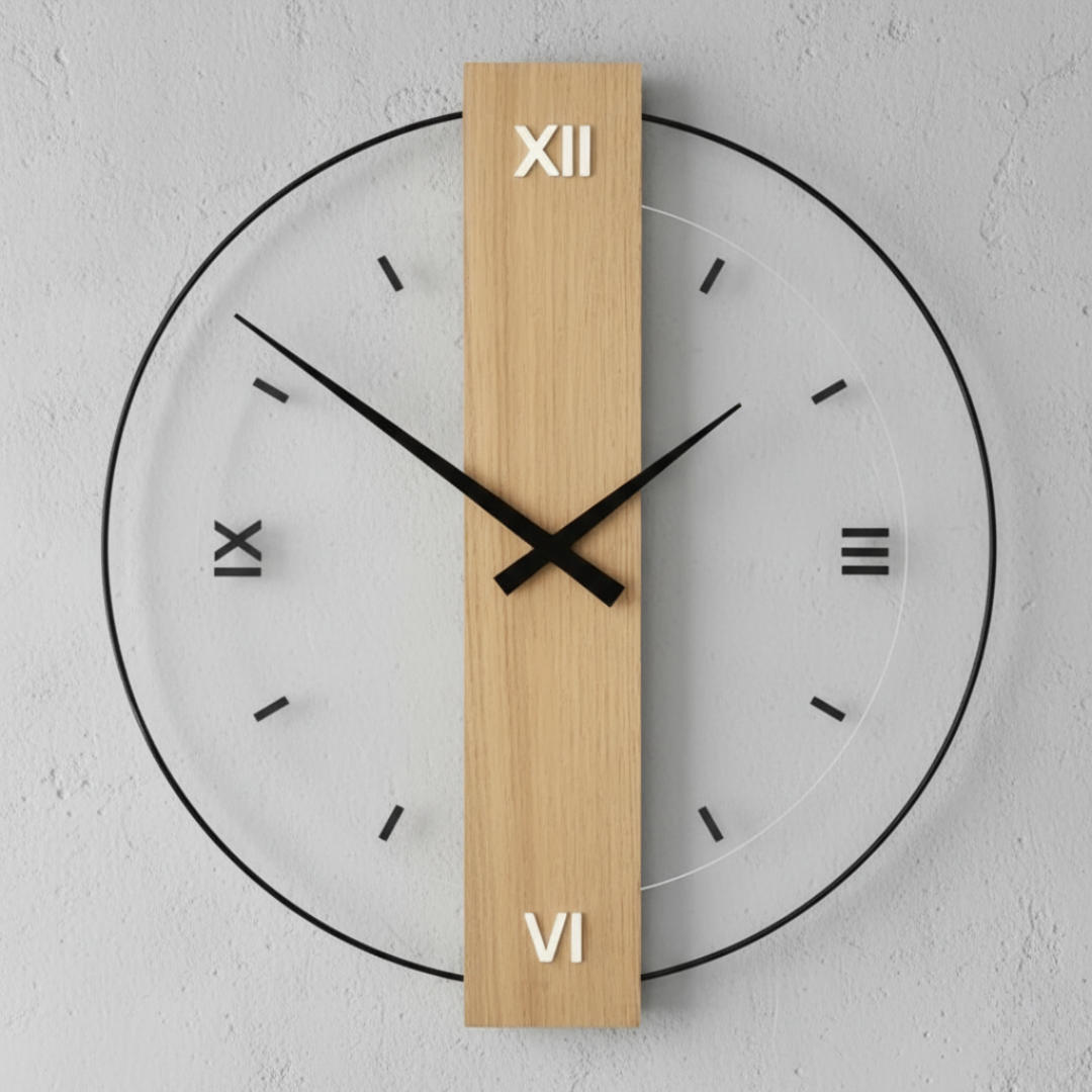 Minimalist Oak Wood & Acrylic Wall Clock - Silent Quartz Non-Ticking Modern Clock