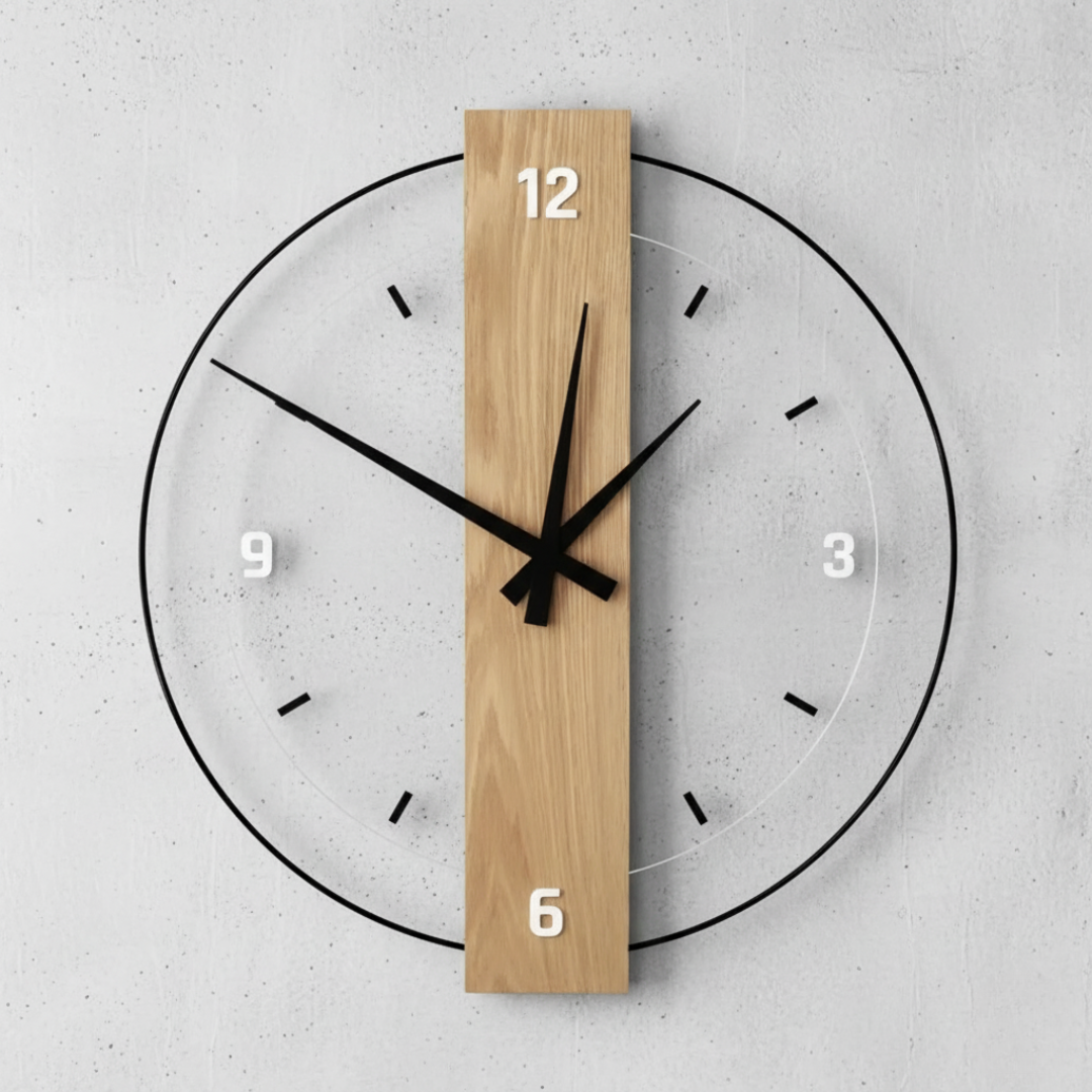Minimalist Oak Wood & Acrylic Wall Clock - Silent Quartz Non-Ticking Modern Clock