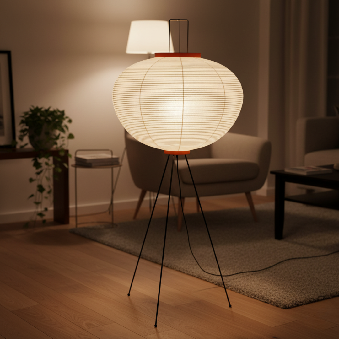 Minimalist Rice Paper Standing Lamp - Modern Boho Tripod Floor Light for Living Room