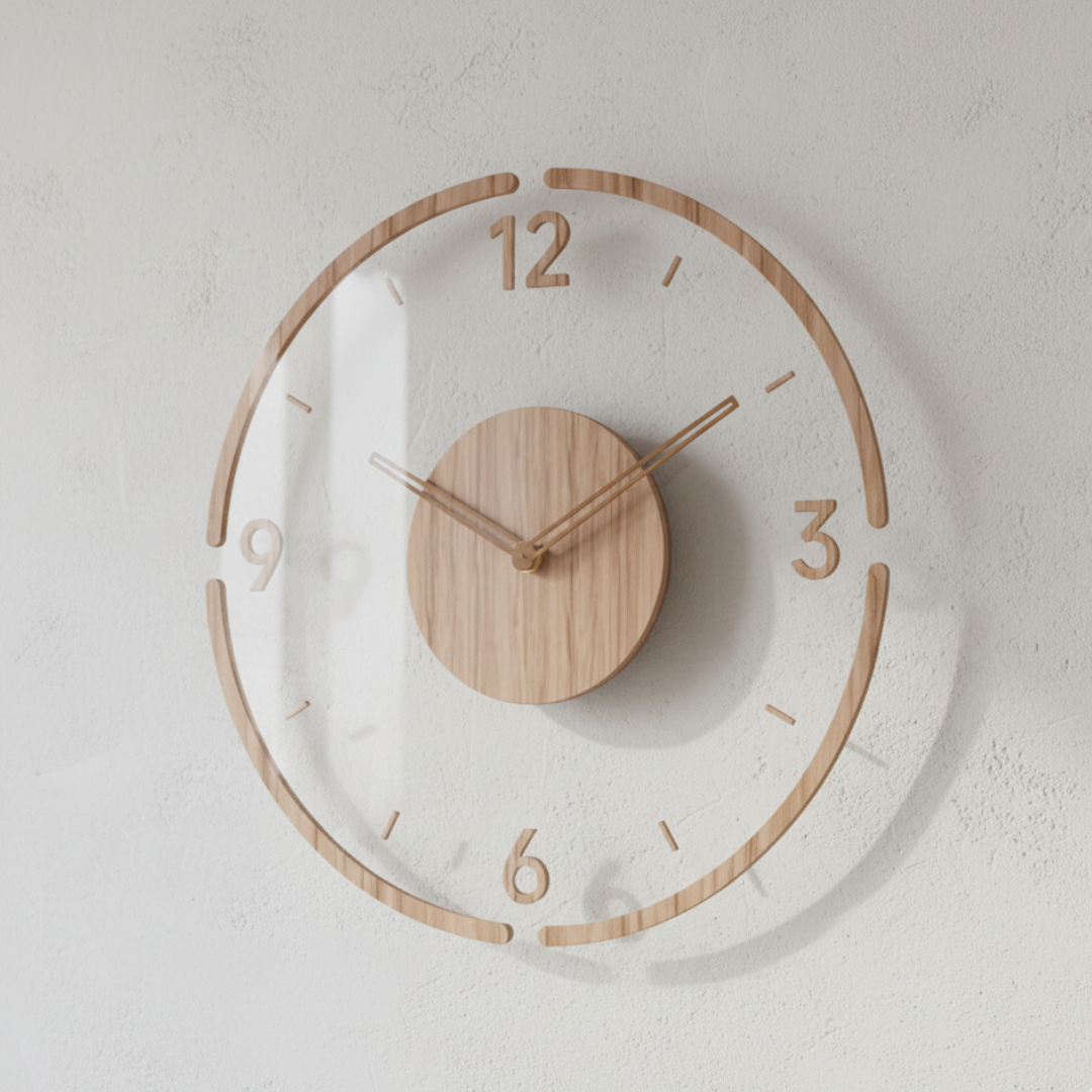 Minimalist Wood Wall Clock - Natural Oak Silent Quartz Movement for Bedroom