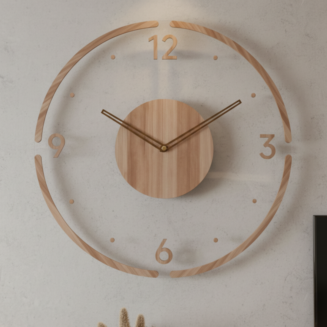Minimalist Wood Wall Clock - Natural Oak Silent Quartz Movement for Bedroom