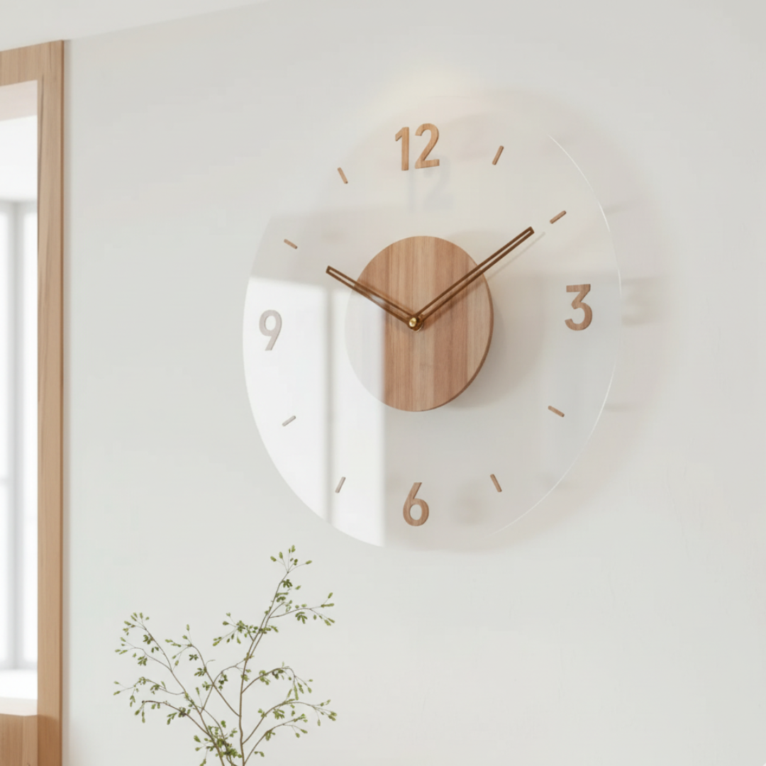 Minimalist Wood Wall Clock - Natural Oak Silent Quartz Movement for Bedroom