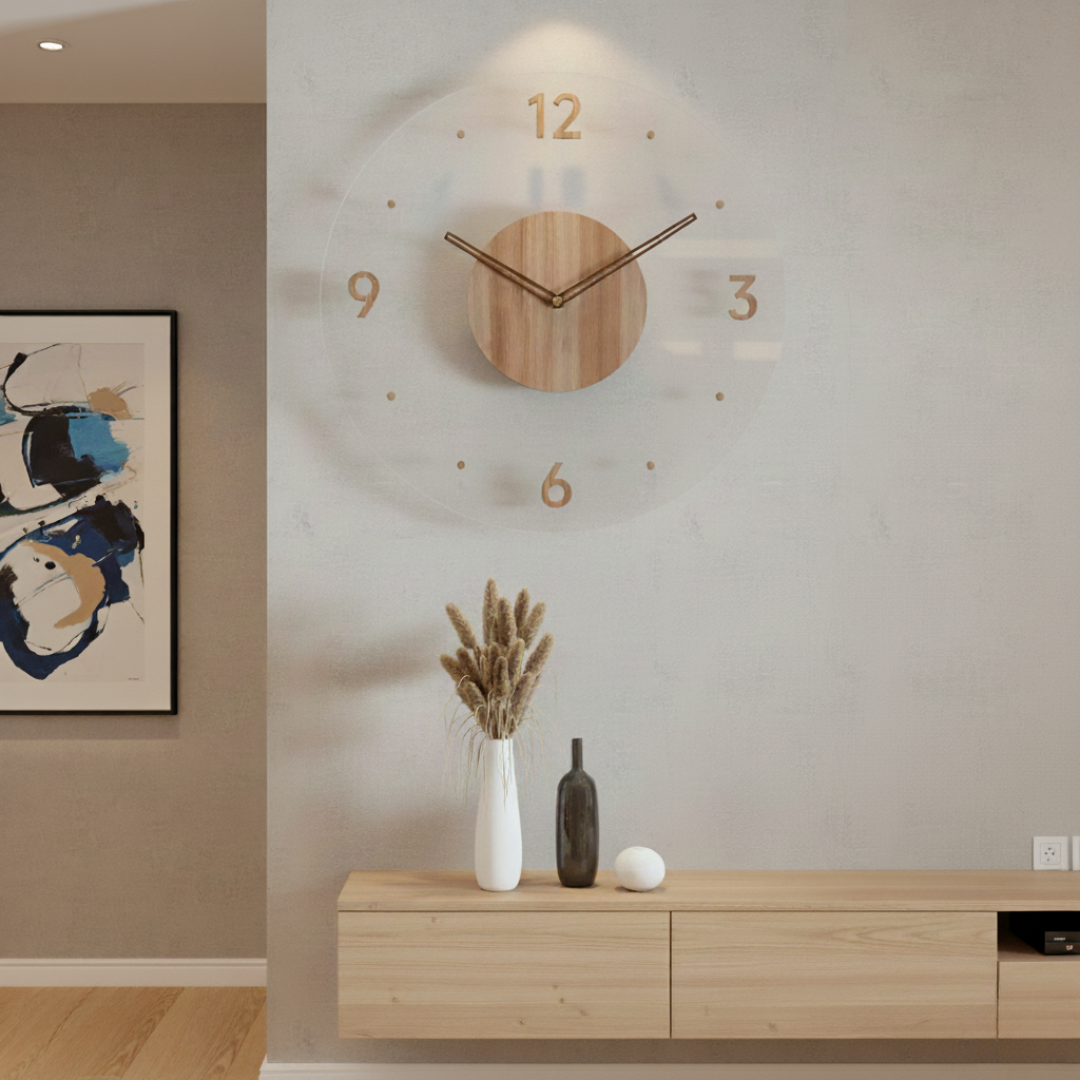 Minimalist Wood Wall Clock - Natural Oak Silent Quartz Movement for Bedroom