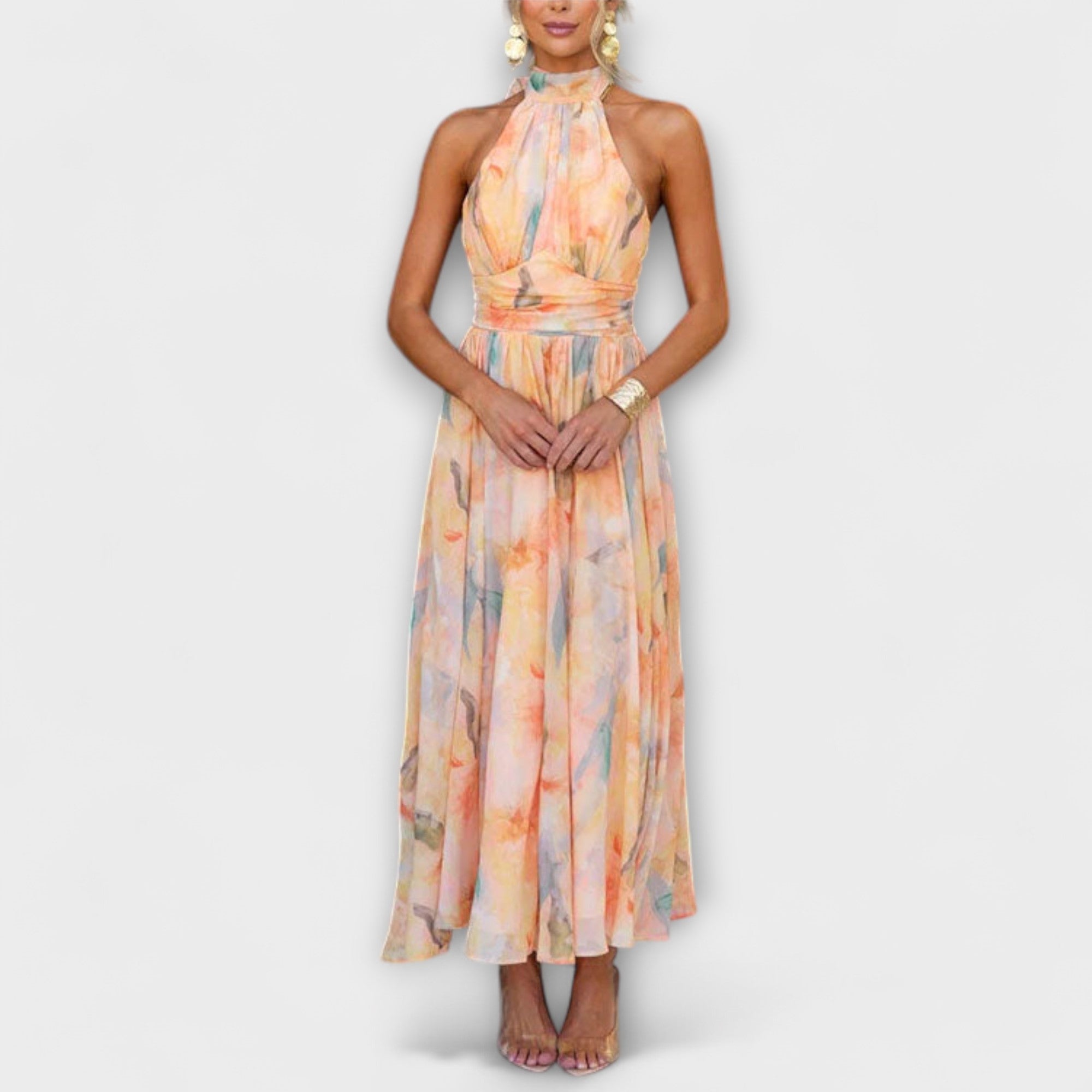 Mira Women's Maxi Dress | Halter Neck, Watercolor Pattern 0