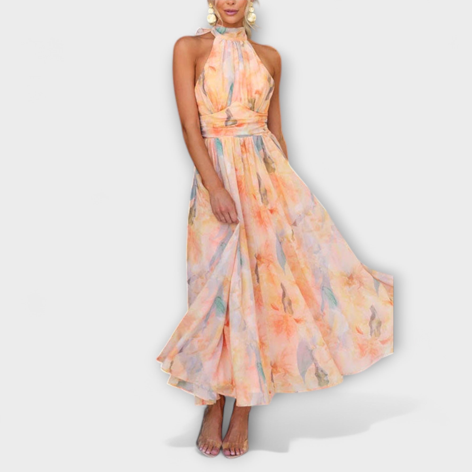 Mira Women's Maxi Dress | Halter Neck, Watercolor Pattern 2