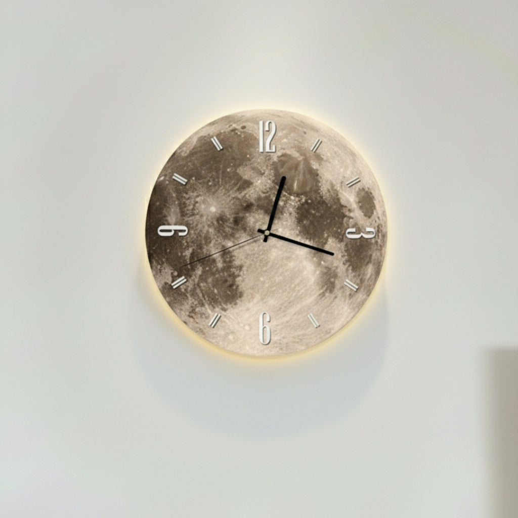 Modern Lunar Moon Wall Clock - Round Silent Quartz, Realistic Moon Texture Print
