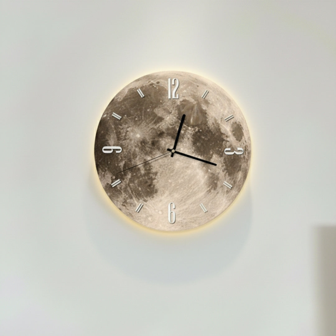Modern Lunar Moon Wall Clock - Round Silent Quartz, Realistic Moon Texture Print