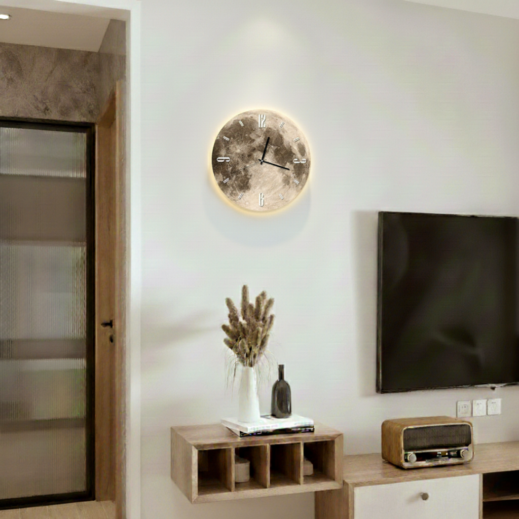 Modern Lunar Moon Wall Clock - Round Silent Quartz, Realistic Moon Texture Print