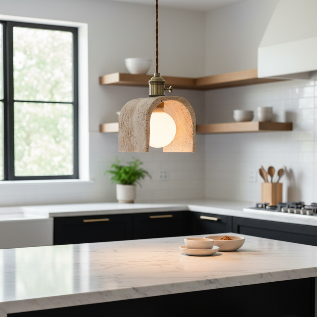 Modern Travertine Ceiling Pendant - 150mm Arched Geometric LED Flush Mount, E27