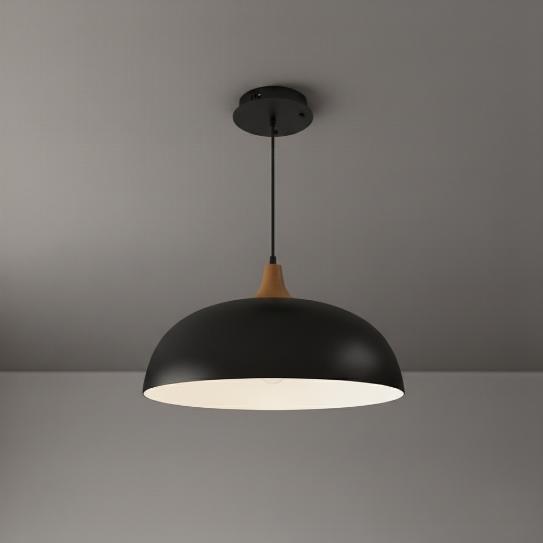 Modern Wood-Neck Pendant Light - Oak & Iron Nordic Ceiling Lamp, E27