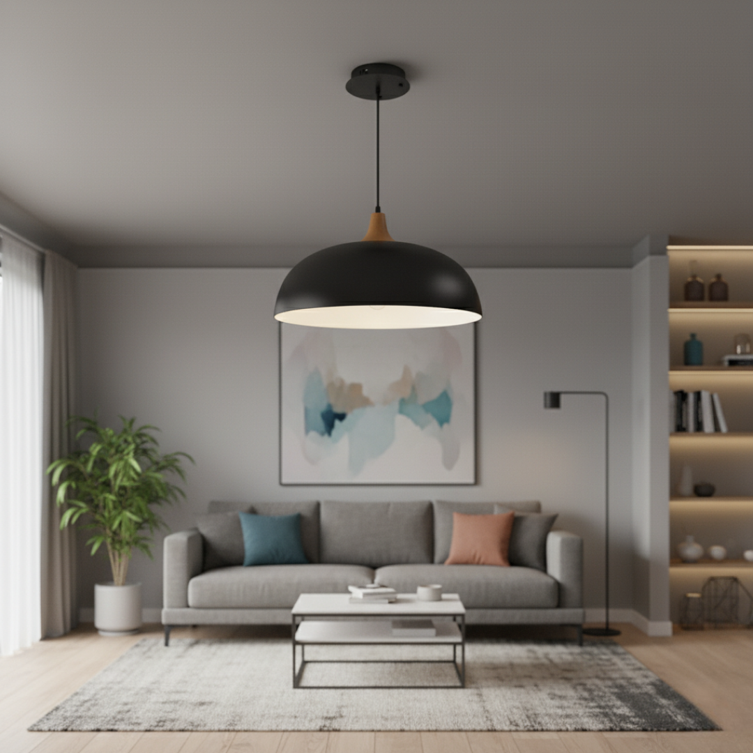 Modern Wood-Neck Pendant Light - Oak & Iron Nordic Ceiling Lamp, E27