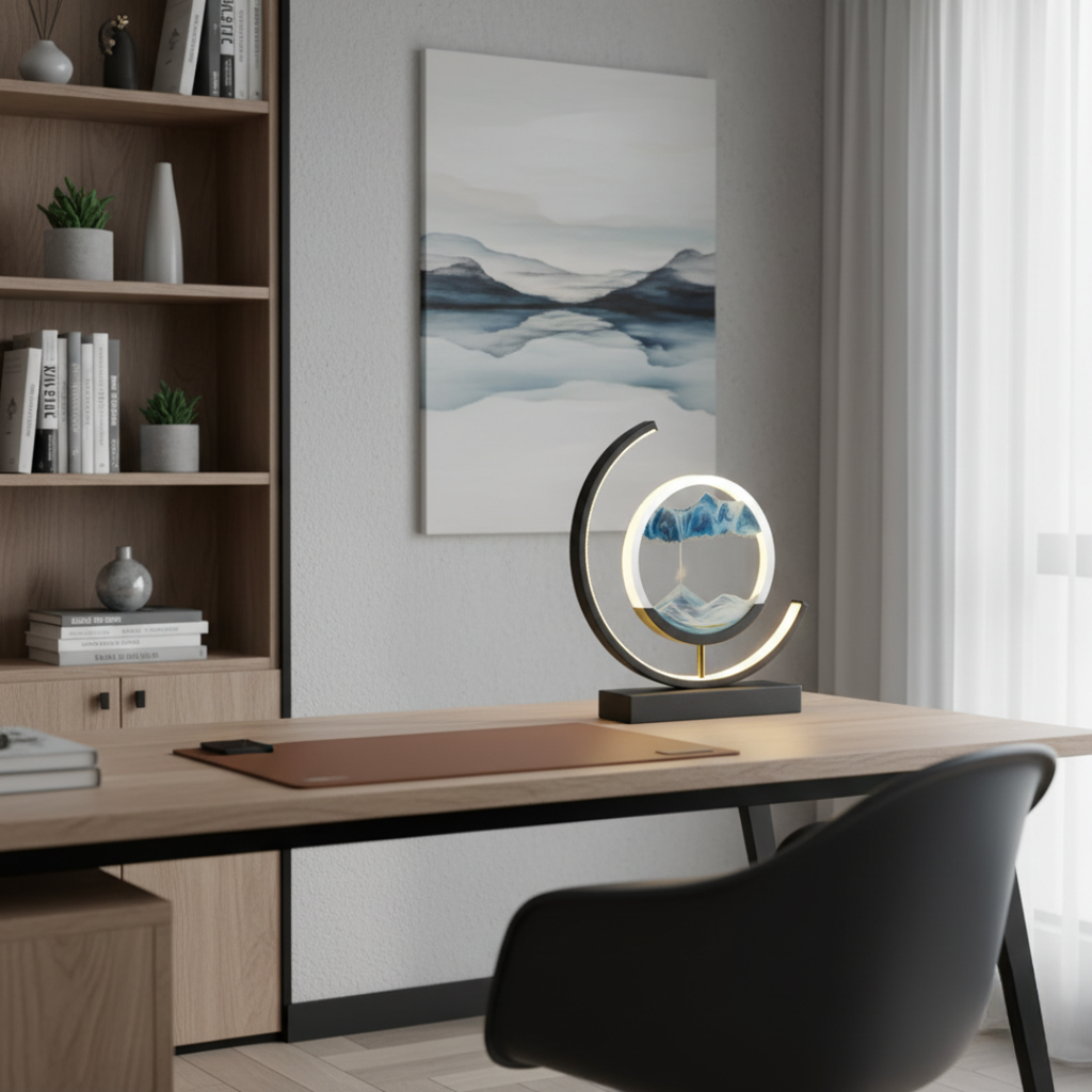 Moving Sand Art Desk Lamp - Round Kinetic Sandscape LED Light, Aluminum & Glass