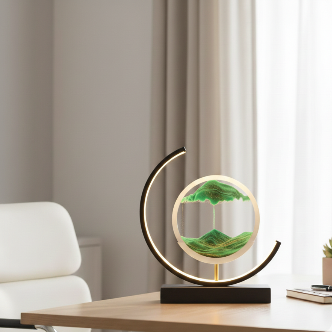 Moving Sand Art Desk Lamp - Round Kinetic Sandscape LED Light, Aluminum & Glass