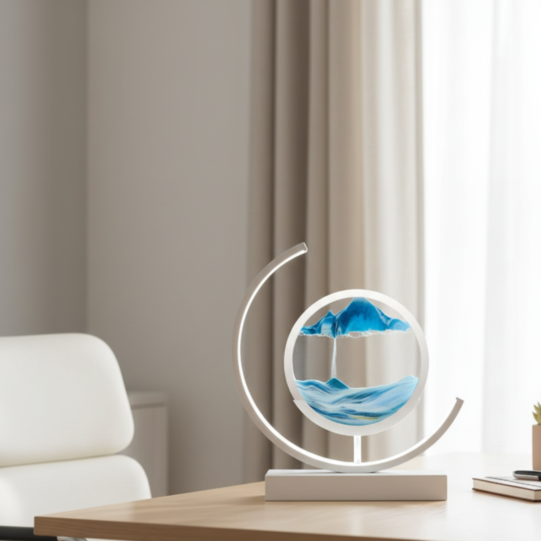 Moving Sand Art Desk Lamp - Round Kinetic Sandscape LED Light, Aluminum & Glass