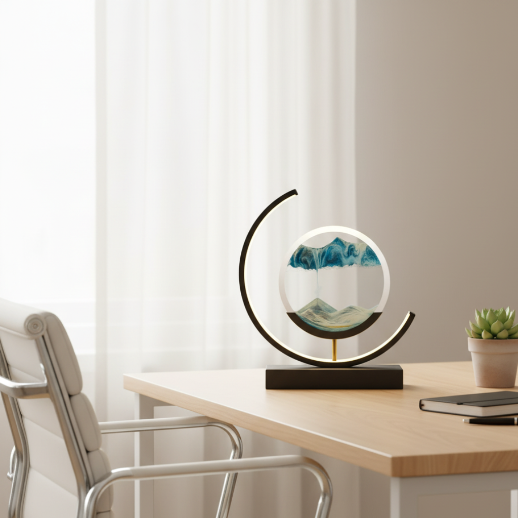 Moving Sand Art Desk Lamp - Round Kinetic Sandscape LED Light, Aluminum & Glass