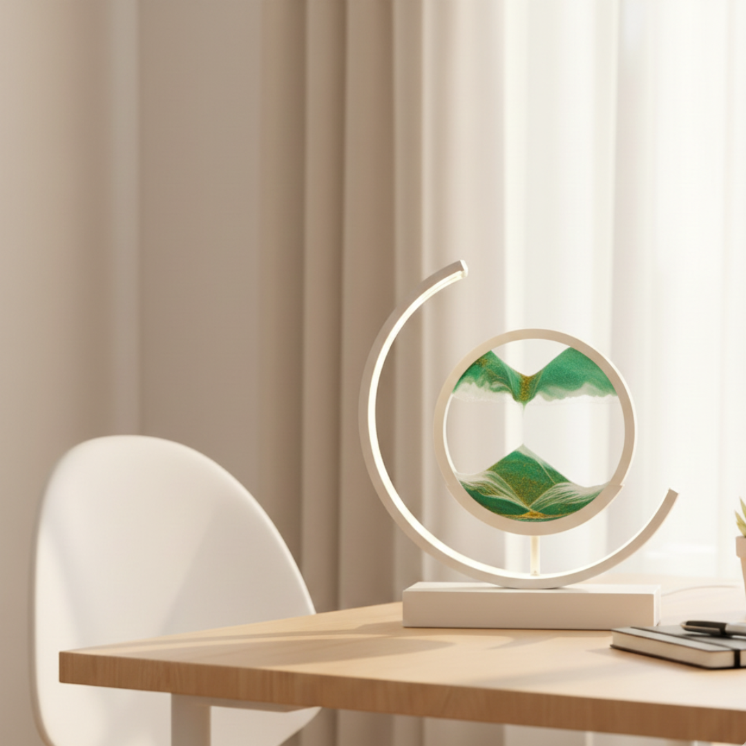 Moving Sand Art Desk Lamp - Round Kinetic Sandscape LED Light, Aluminum & Glass