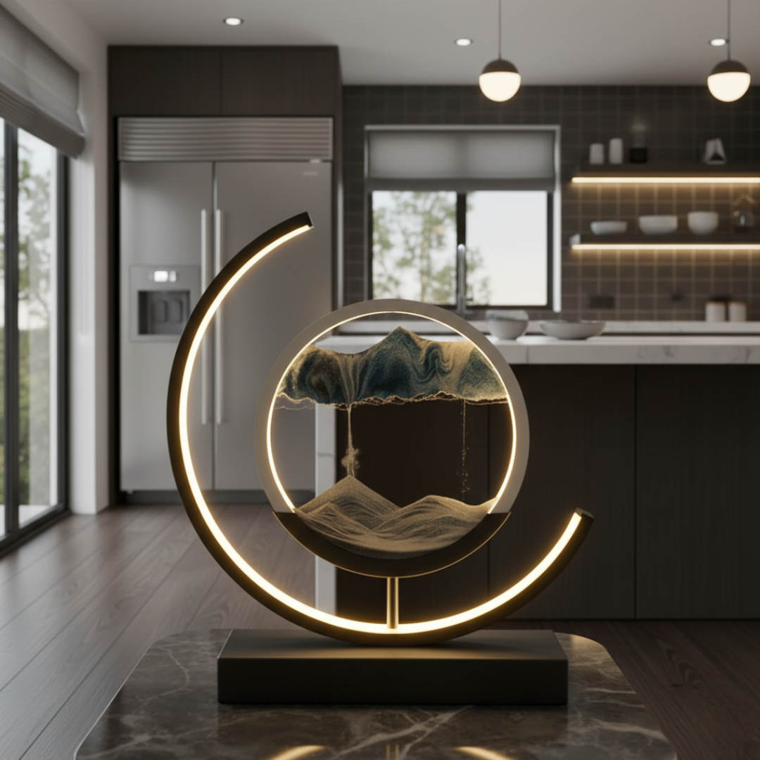 Moving Sand Art Desk Lamp - Round Kinetic Sandscape LED Light, Aluminum & Glass