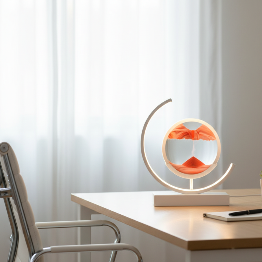 Moving Sand Art Desk Lamp - Round Kinetic Sandscape LED Light, Aluminum & Glass