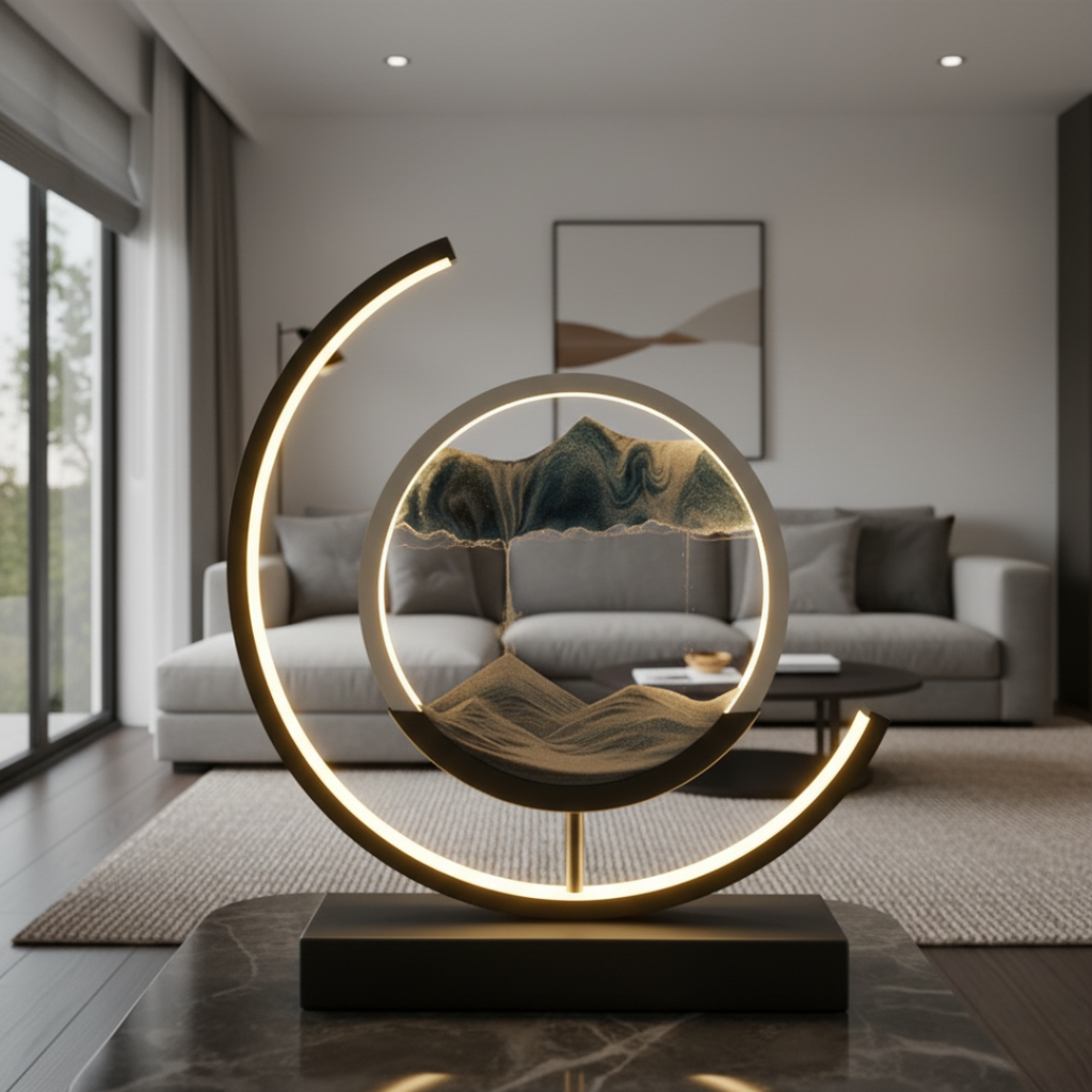 Moving Sand Art Desk Lamp - Round Kinetic Sandscape LED Light, Aluminum & Glass