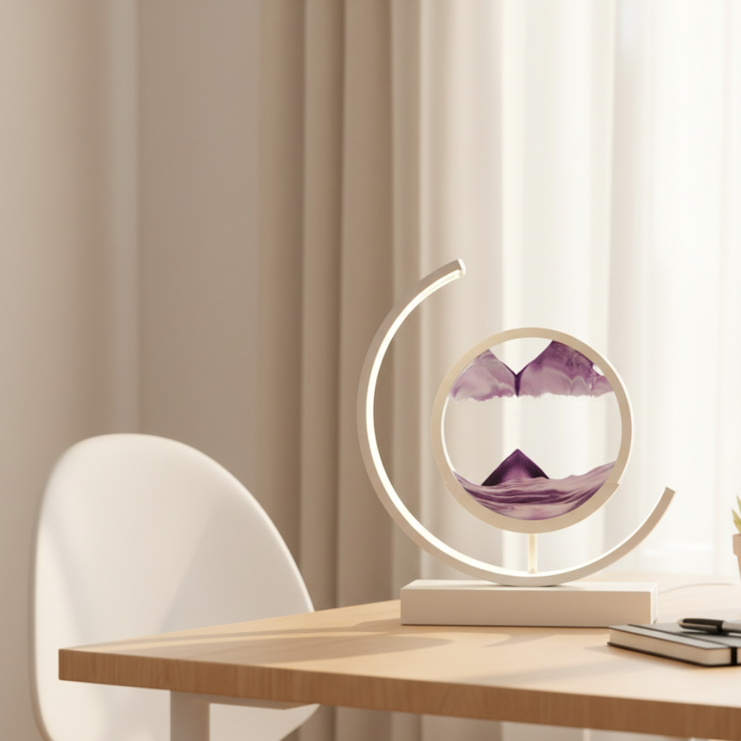 Moving Sand Art Desk Lamp - Round Kinetic Sandscape LED Light, Aluminum & Glass