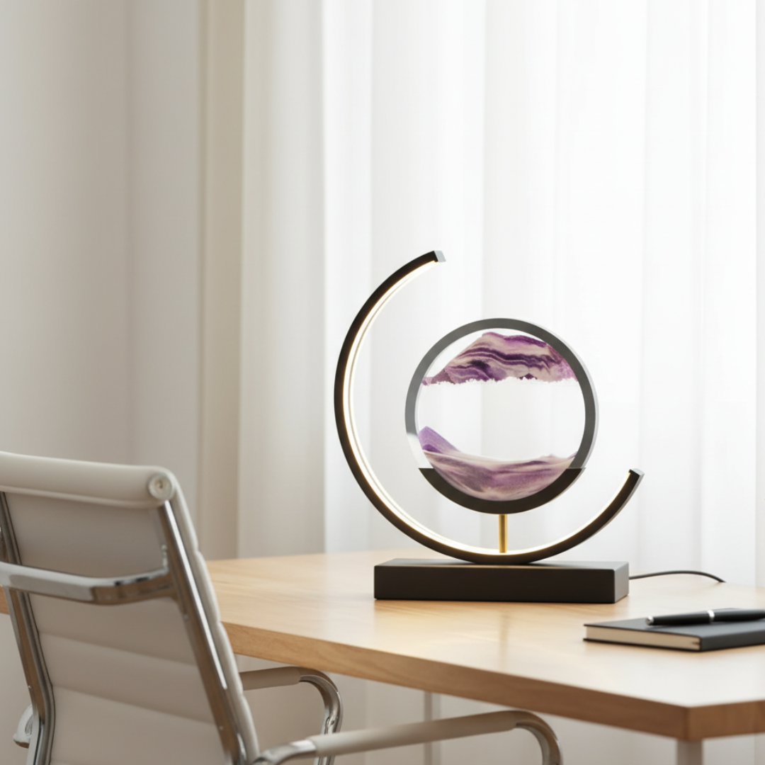 Moving Sand Art Desk Lamp - Round Kinetic Sandscape LED Light, Aluminum & Glass