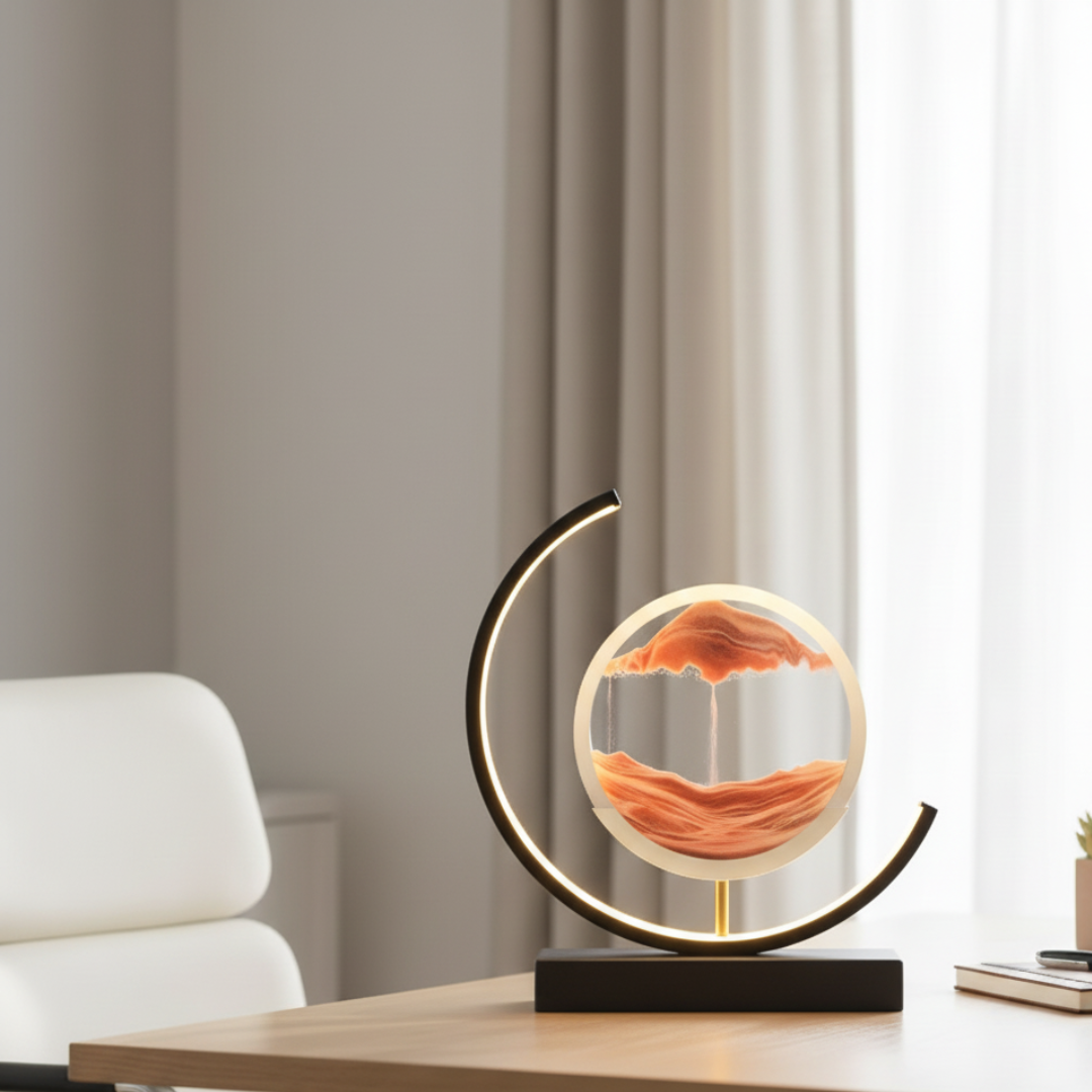 Moving Sand Art Desk Lamp - Round Kinetic Sandscape LED Light, Aluminum & Glass