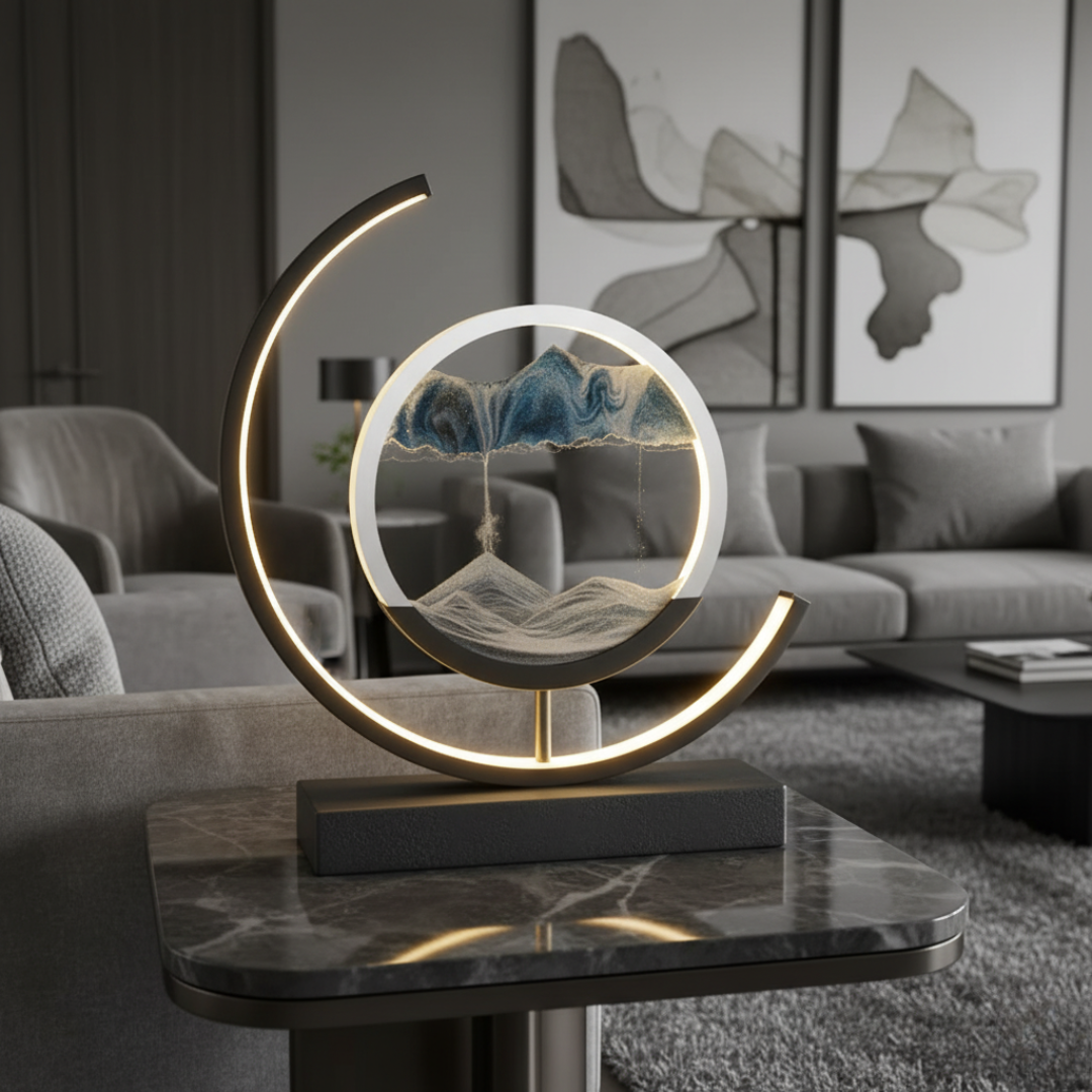 Moving Sand Art Desk Lamp - Round Kinetic Sandscape LED Light, Aluminum & Glass