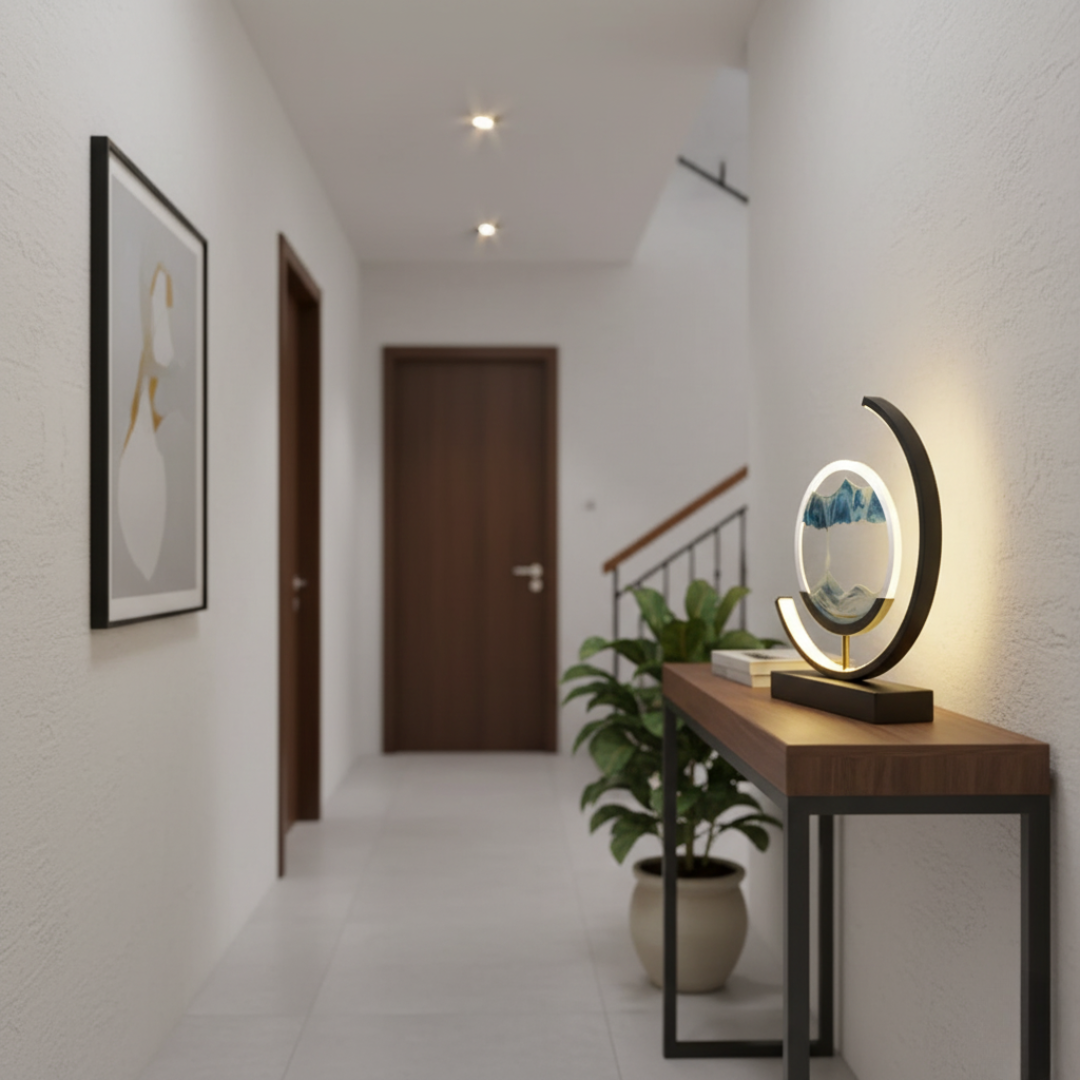 Moving Sand Art Desk Lamp - Round Kinetic Sandscape LED Light, Aluminum & Glass