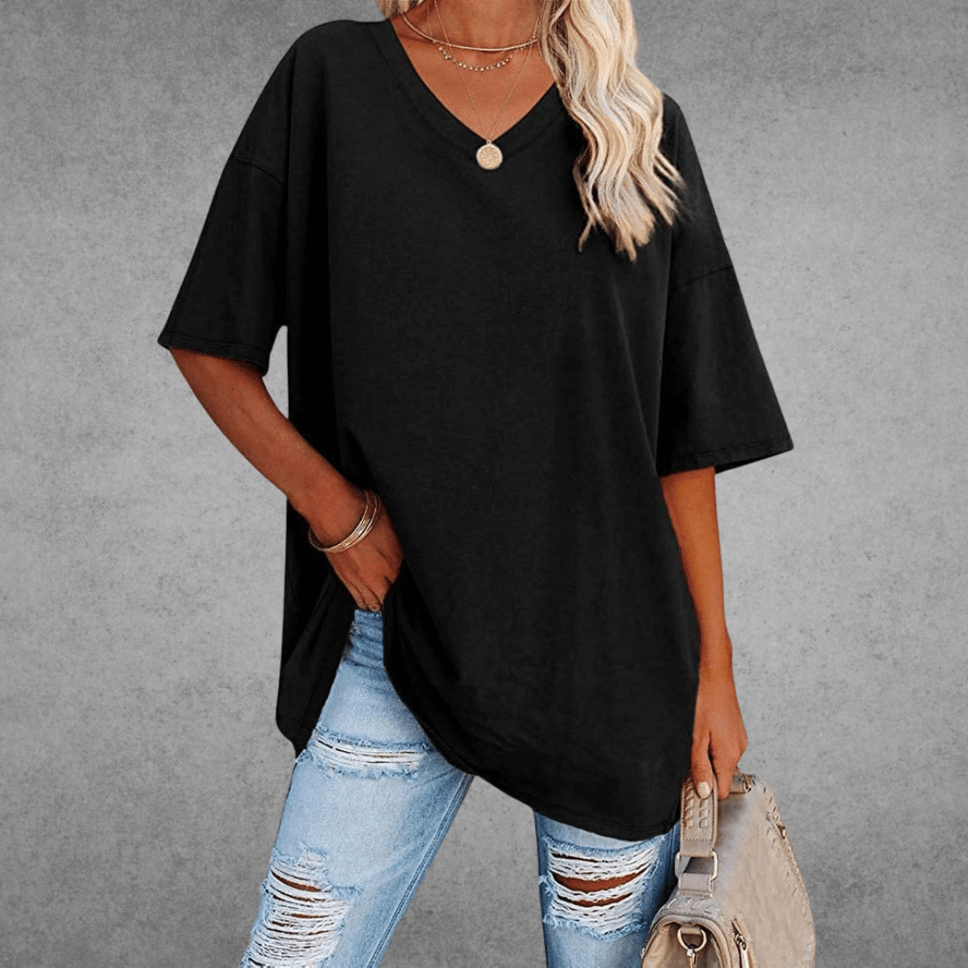 Nina Women's Oversized V-Neck Shirt | Soft Cotton Blend, Relaxed Fit 0