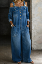 Off Shoulder Denim Jumpsuit for Women with Gold Straps & Pockets 0