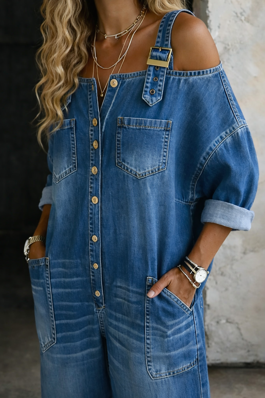 Off Shoulder Denim Jumpsuit for Women with Gold Straps & Pockets 1