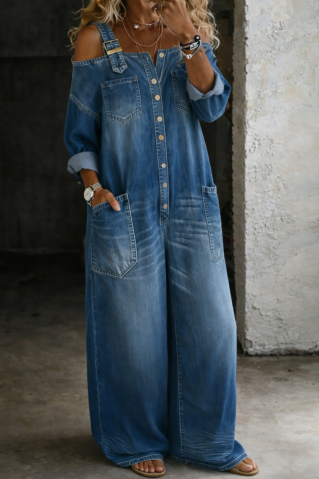 Off Shoulder Denim Jumpsuit for Women with Gold Straps & Pockets 3