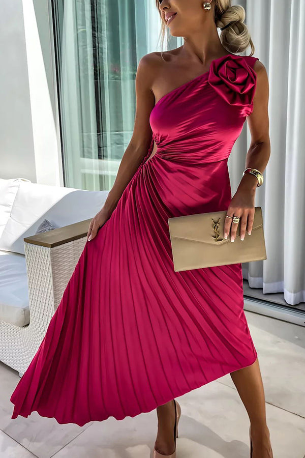 Olivia Women's Midi Dress | One Shoulder A-Line with Rose Detail, Elegant Cocktail Dress 0