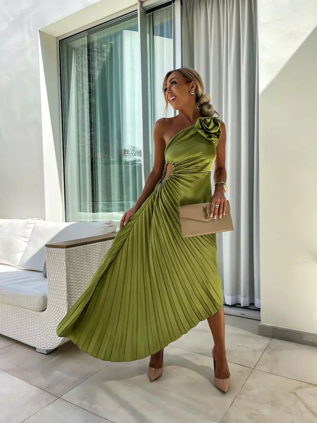 Olivia Women's Midi Dress | One Shoulder A-Line with Rose Detail, Elegant Cocktail Dress 1