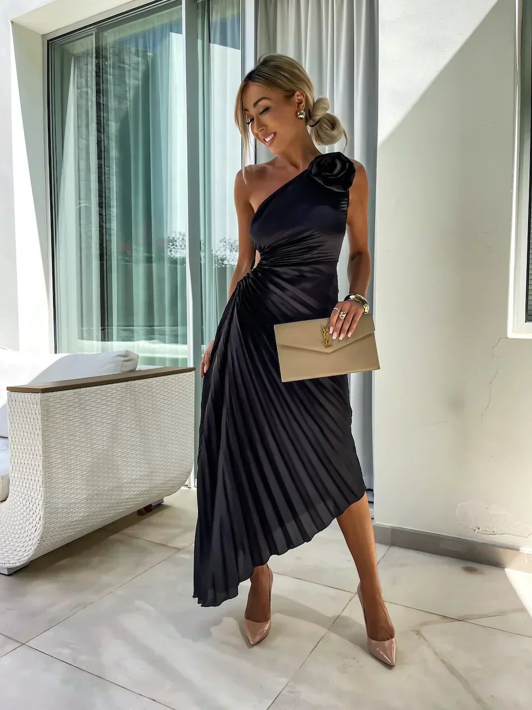Olivia Women's Midi Dress | One Shoulder A-Line with Rose Detail, Elegant Cocktail Dress 4