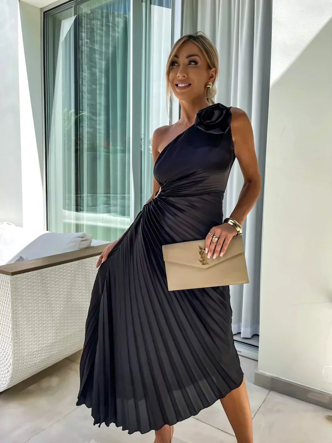 Olivia Women's Midi Dress | One Shoulder A-Line with Rose Detail, Elegant Cocktail Dress 5