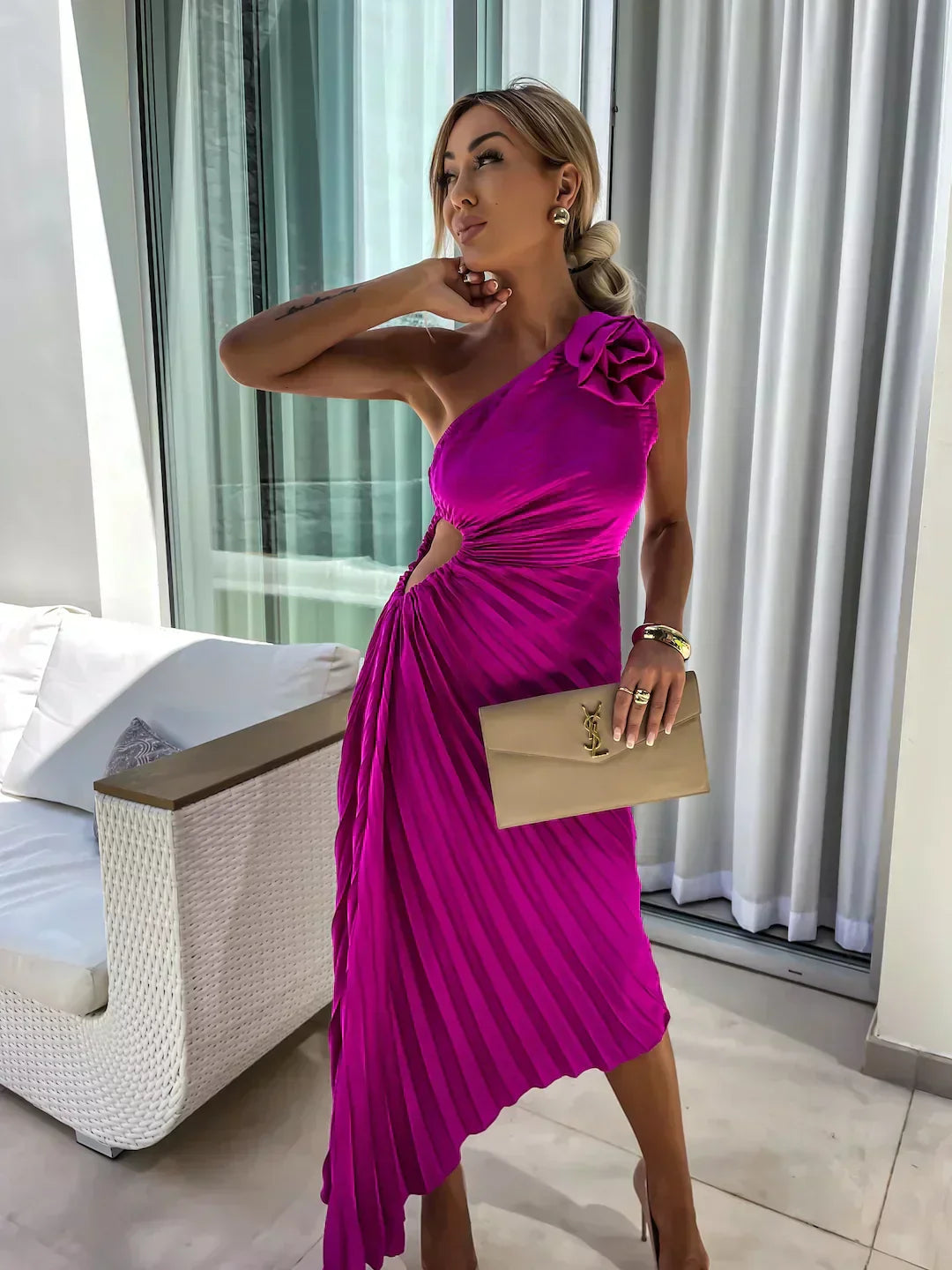 Olivia Women's Midi Dress | One Shoulder A-Line with Rose Detail, Elegant Cocktail Dress 8