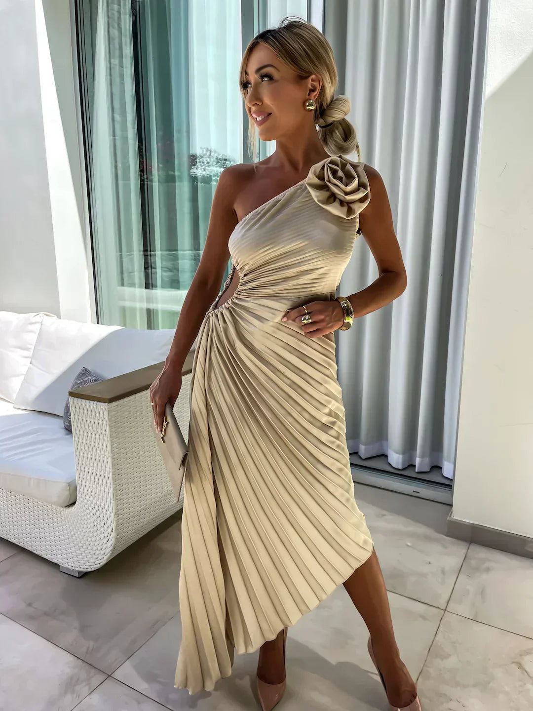 Olivia Women's Midi Dress | One Shoulder A-Line with Rose Detail, Elegant Cocktail Dress 9