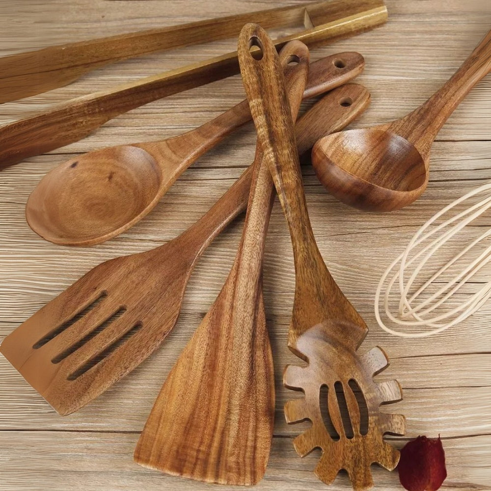 Premium Wooden Cooking Utensil Set – 7 Durable Eco-Friendly Kitchen Tools for Stirring, Flipping, and Serving 4
