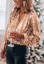Sera Women's Blouse | Sequin Long Sleeve, Elegant V-Neck Top 0