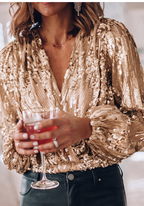 Sera Women's Blouse | Sequin Long Sleeve, Elegant V-Neck Top 1