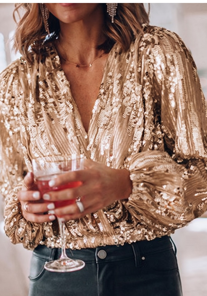 Sera Women's Blouse | Sequin Long Sleeve, Elegant V-Neck Top 1
