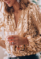 Sera Women's Blouse | Sequin Long Sleeve, Elegant V-Neck Top 2