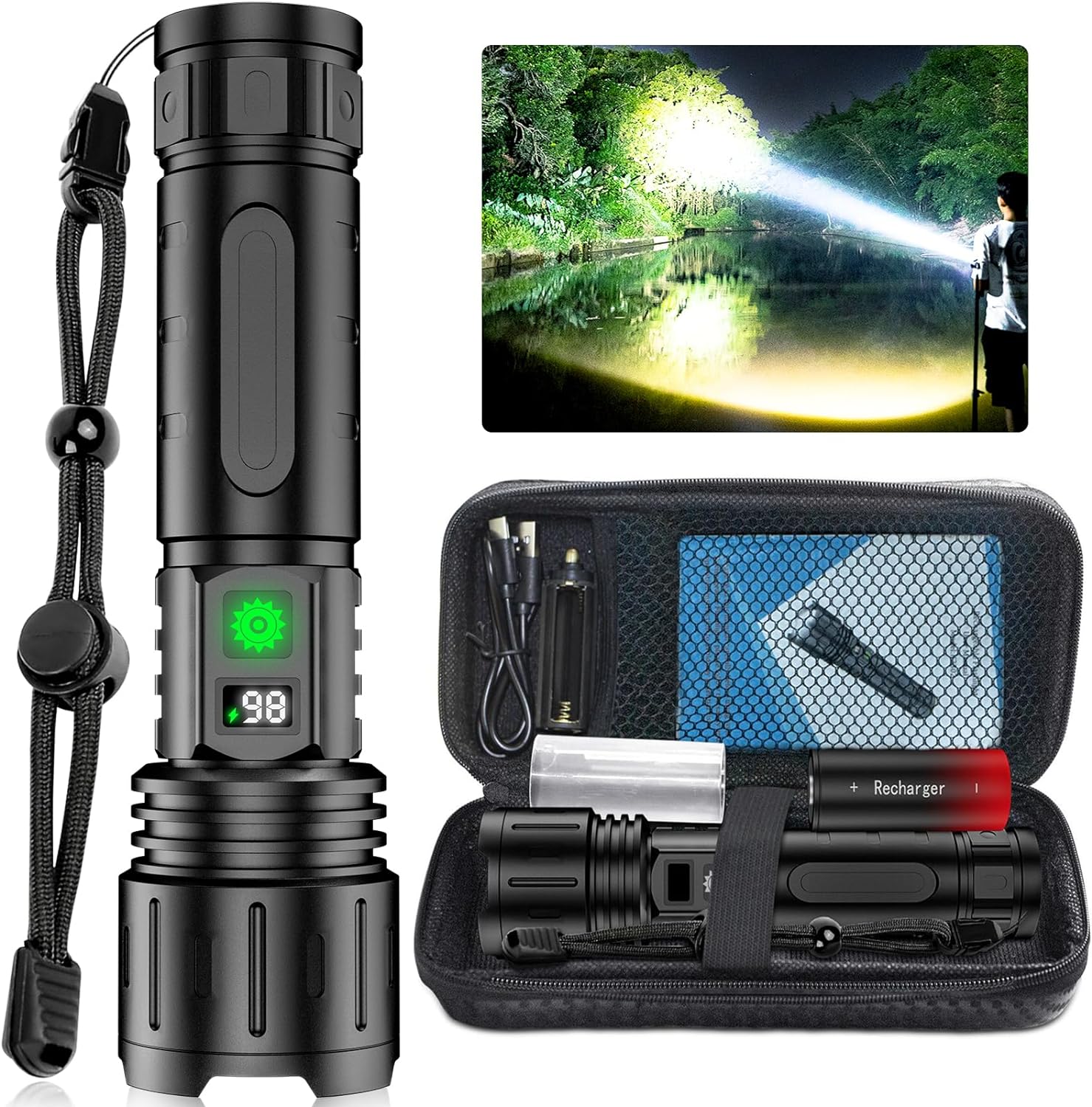 Tactical LED Flashlight with 100000 Lumens and Power Bank Feature 0