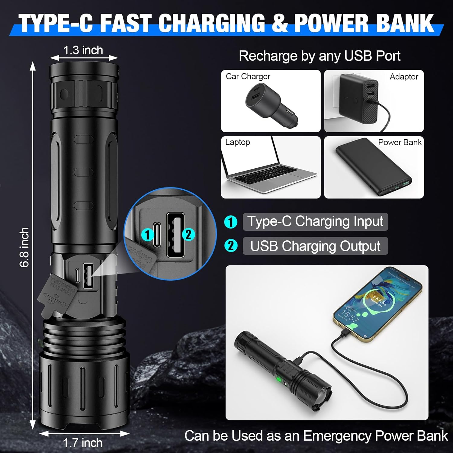 Tactical LED Flashlight with 100000 Lumens and Power Bank Feature 5